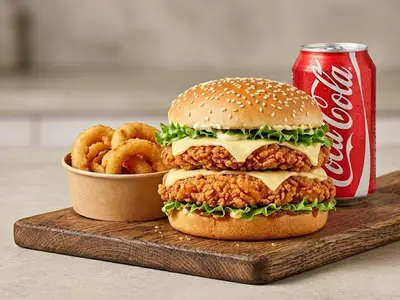 Trio #6 — Burger double chicken mozza + onion rings + soft drink