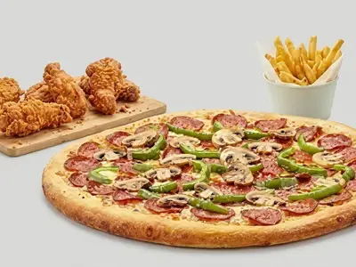 Combo #1 — Pizza Bambino + 2 Drumsticks Fried + salad and sauce + fries + Pepsi
