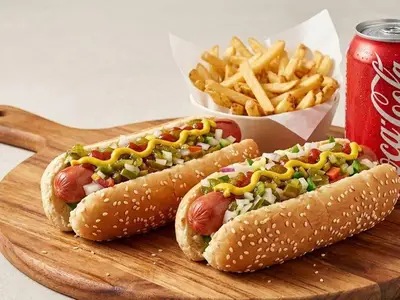 Trio #7 — 2 hot dogs Steamed + fries + drink