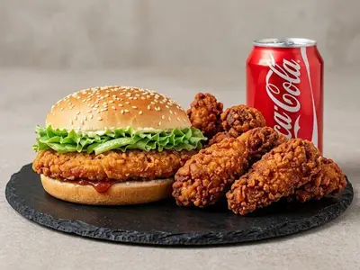 Trio #5 — Burger chicken + 6 chicken wings + soft drink