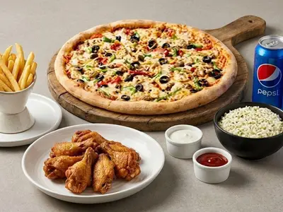 Combo #8 — Pizza Large + 20 wings or 25 nuggets + 4 cans of Pepsi