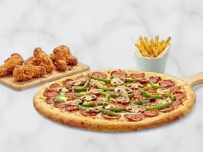 Combo #4 — Pizza Large + 5 Drumsticks Fried + salad and sauce + fries + 4 cans of Pepsi